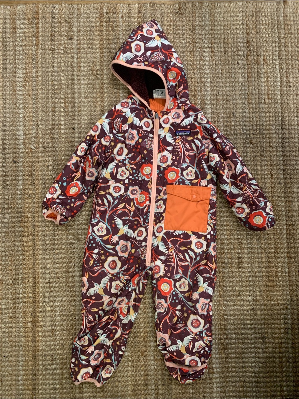 Patagonia Floral Hooded One-Piece Pajama - Burgundy with Orange Accents